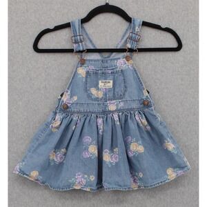 OshKosh Bgosh Girls 2T Floral Denim Overall Dress Blue Purple Jumper 100% Cotton